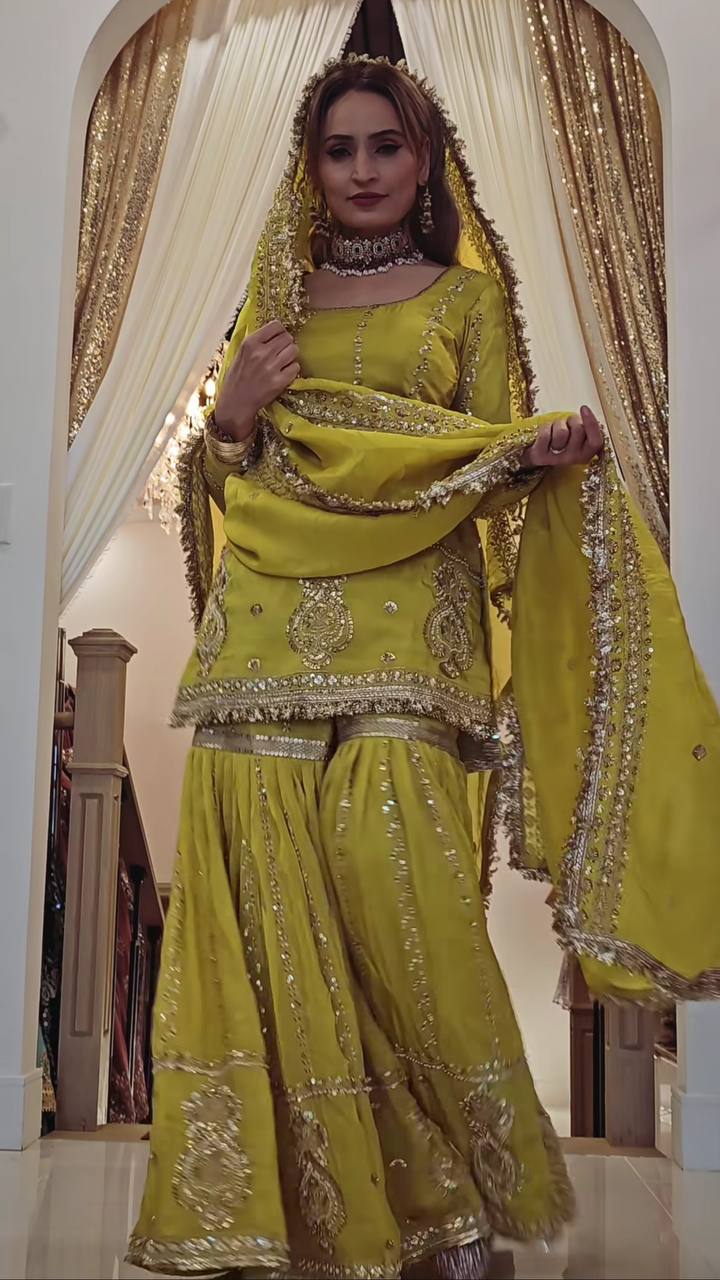 Heavy embroidery work kurta sharara with dupatta set