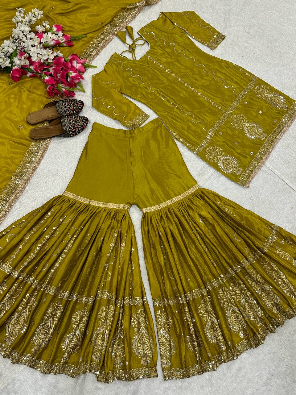Heavy embroidery work kurta sharara with dupatta set