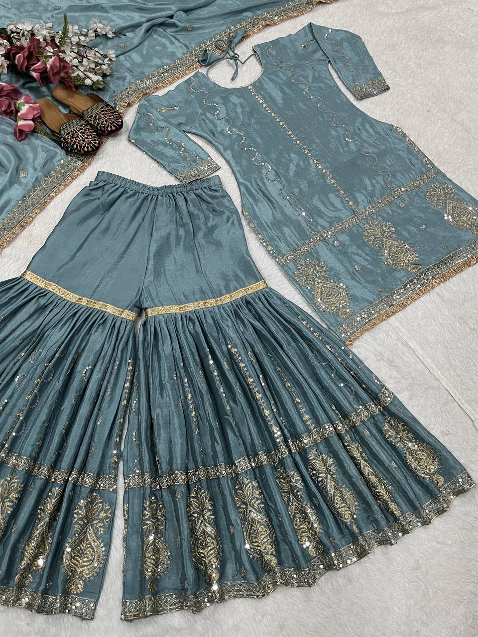 Heavy embroidery work kurta sharara with dupatta set