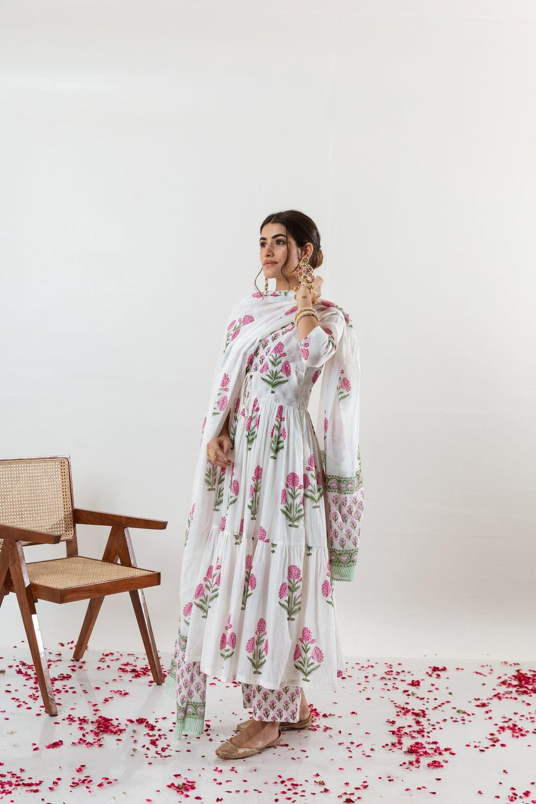 Women's Hand block printed cotton anarkali kurta pant with dupatta sets