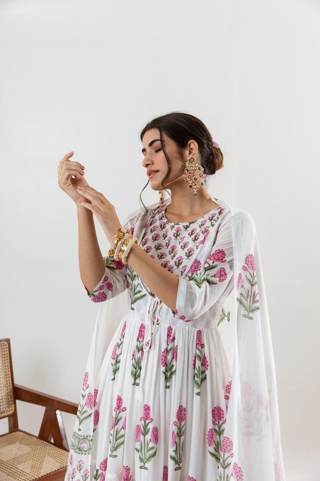 Women's Hand block printed cotton anarkali kurta pant with dupatta sets