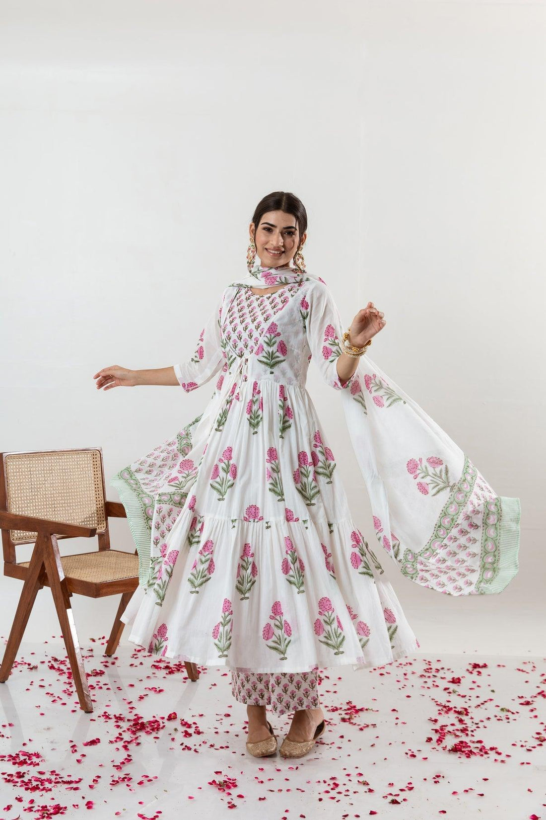 Women's Hand block printed cotton anarkali kurta pant with dupatta sets