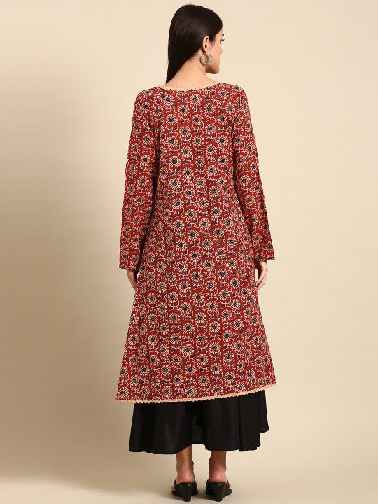 Designer rayon kurti with cotton printed jacket
