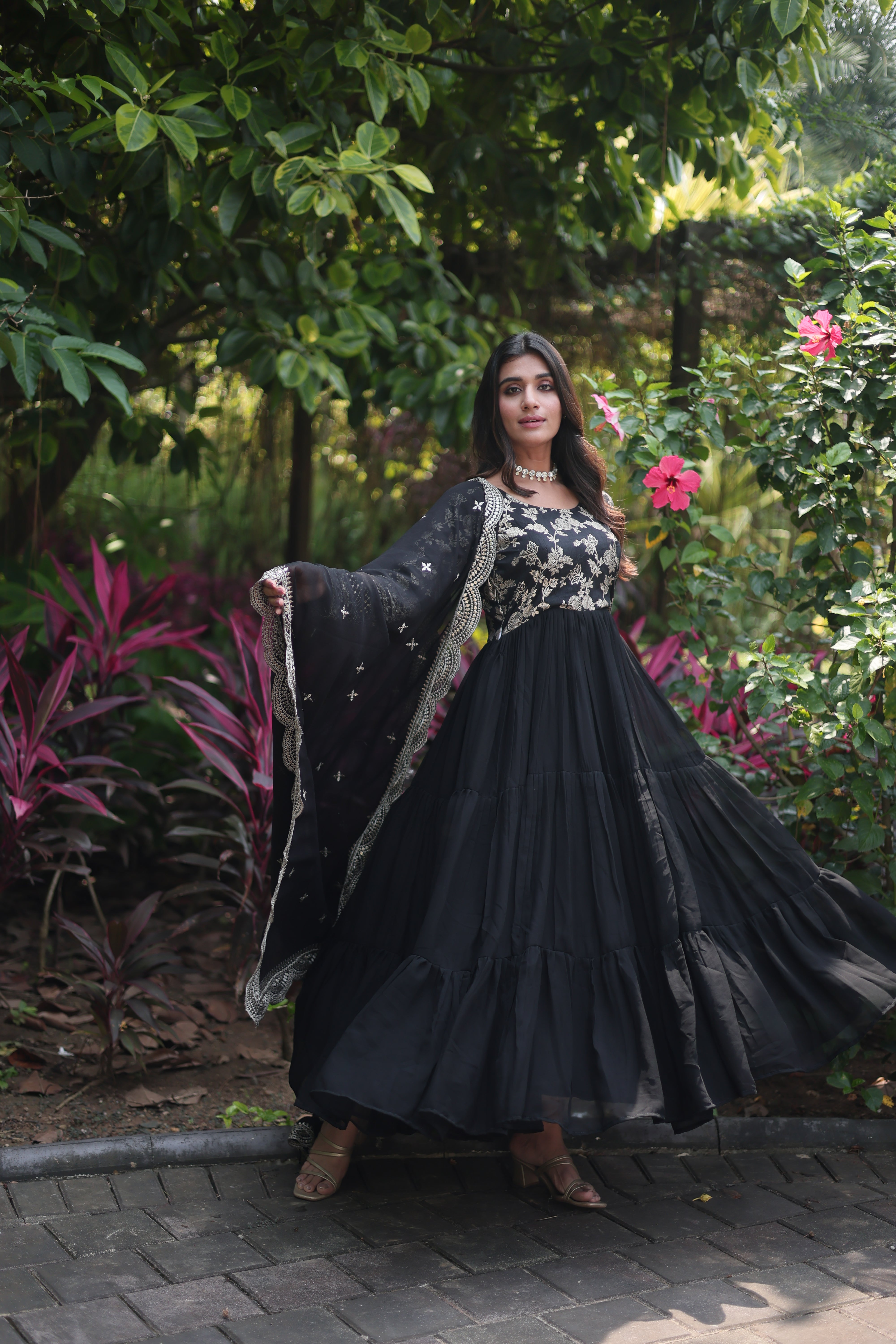 Faux Blooming Embroidered Cut-Work Gown With Dupatta Sets