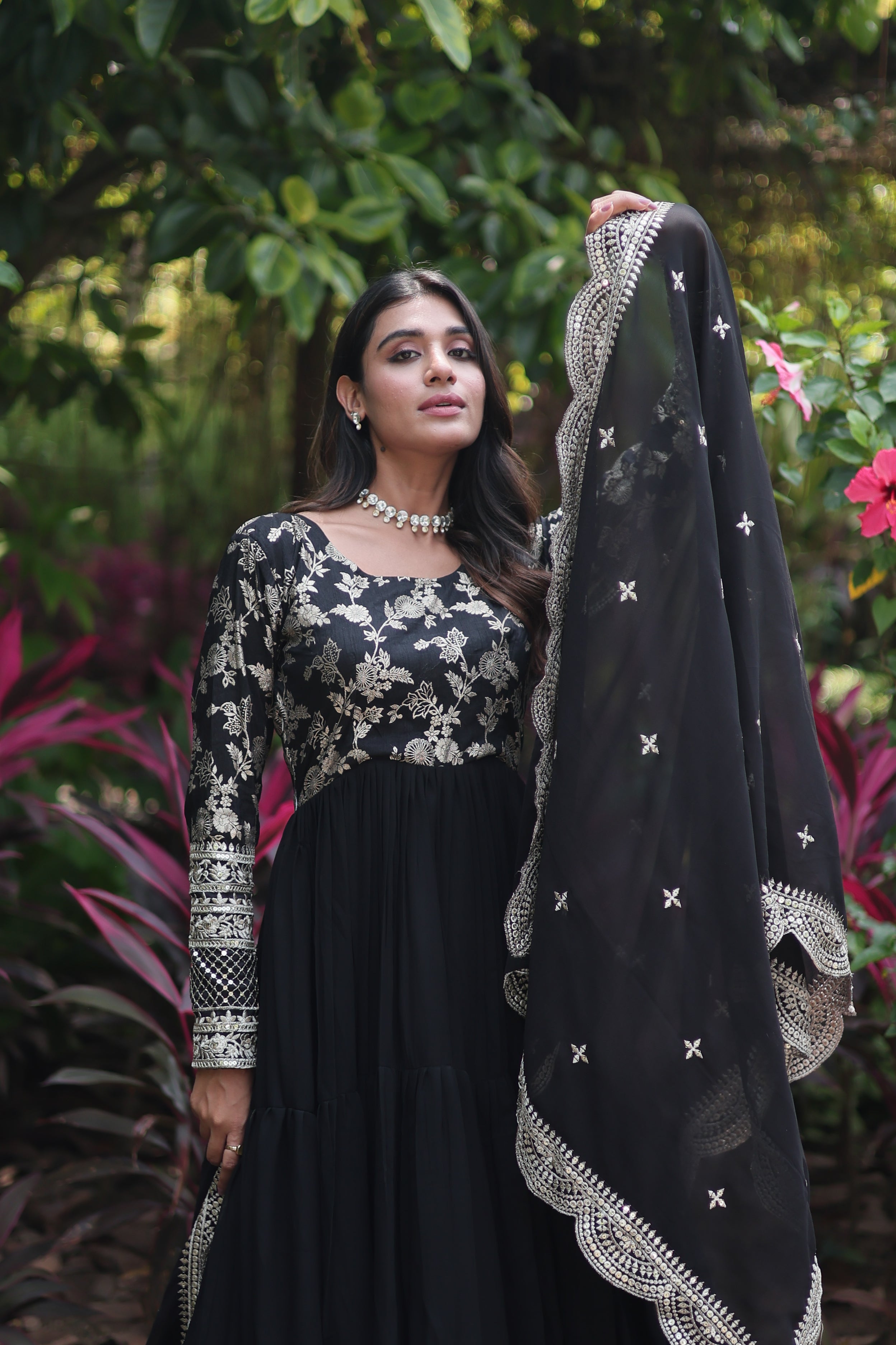 Faux Blooming Embroidered Cut-Work Gown With Dupatta Sets