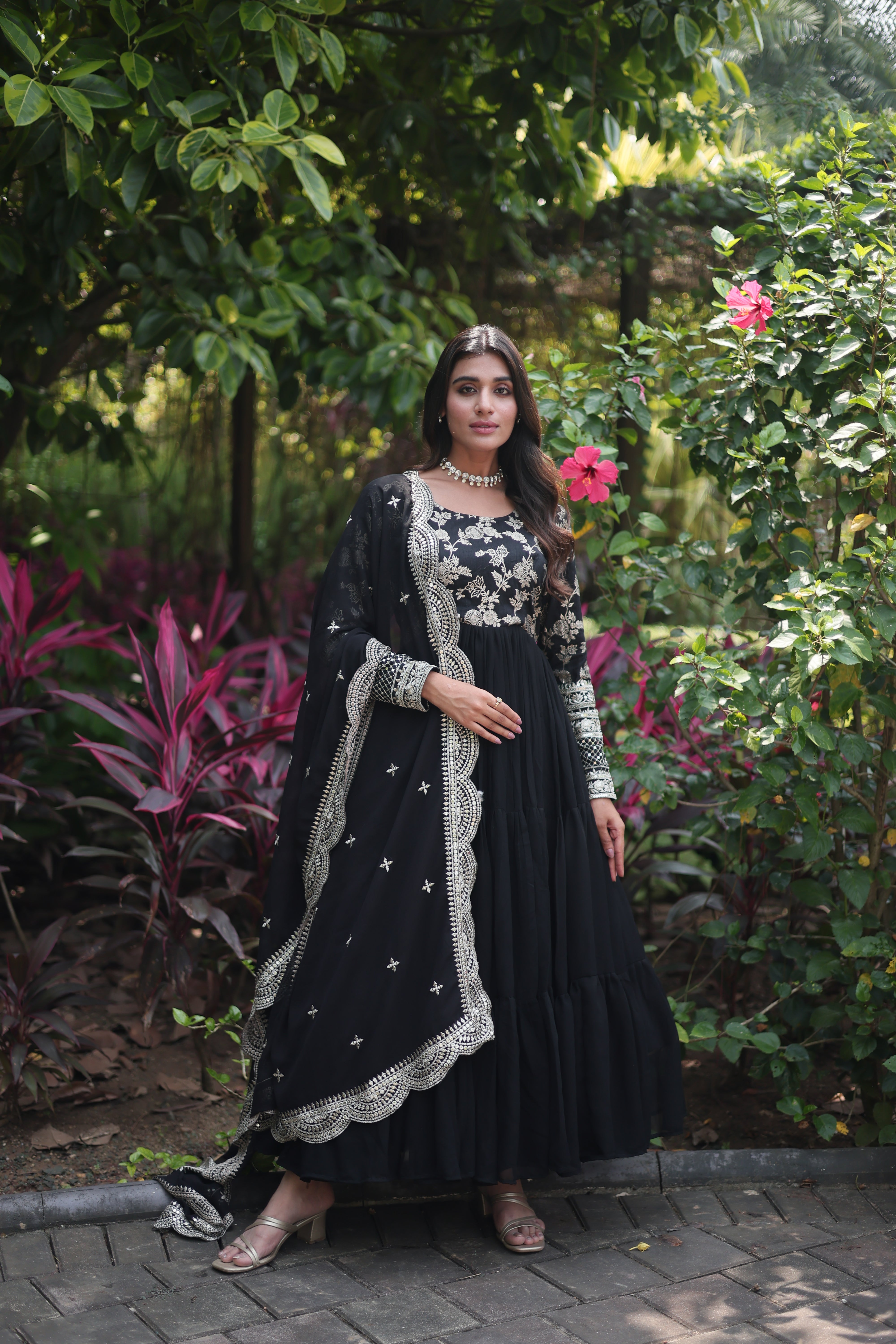 Faux Blooming Embroidered Cut-Work Gown With Dupatta Sets