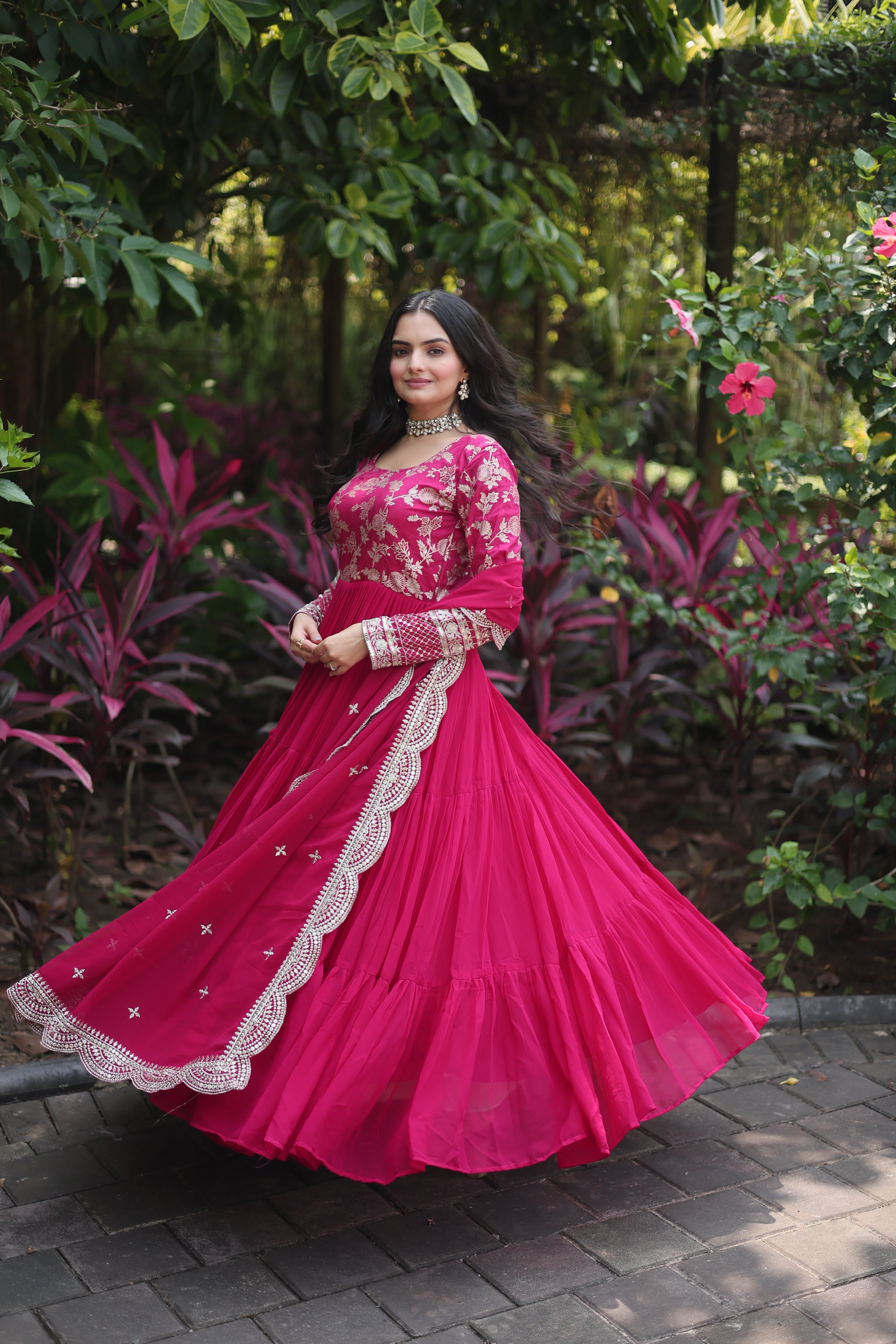 Pink Faux Blooming Embroidered Cut-Work Gown With Dupatta Set