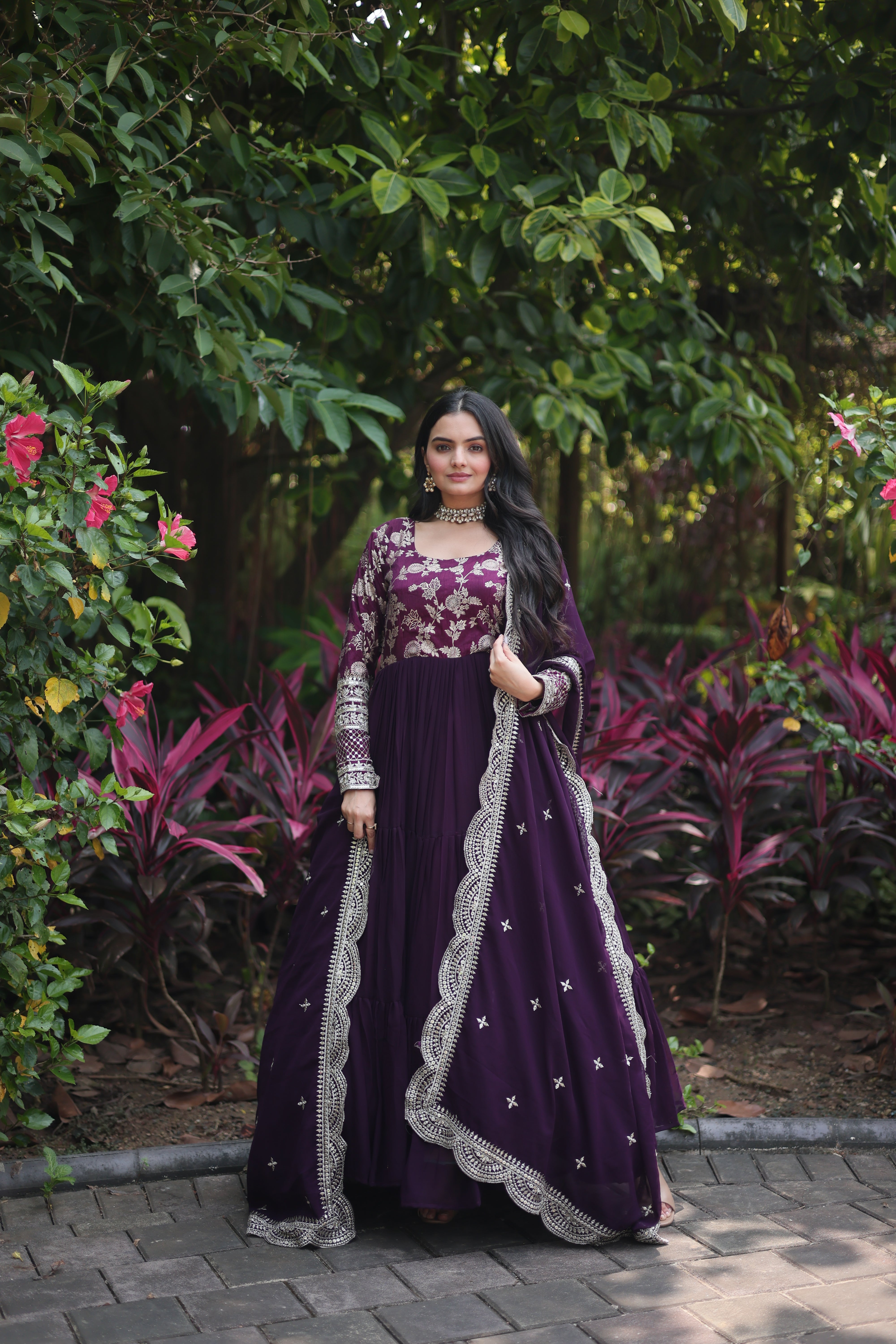 Wine Faux Blooming Embroidered Cut-Work Gown With Dupatta Set