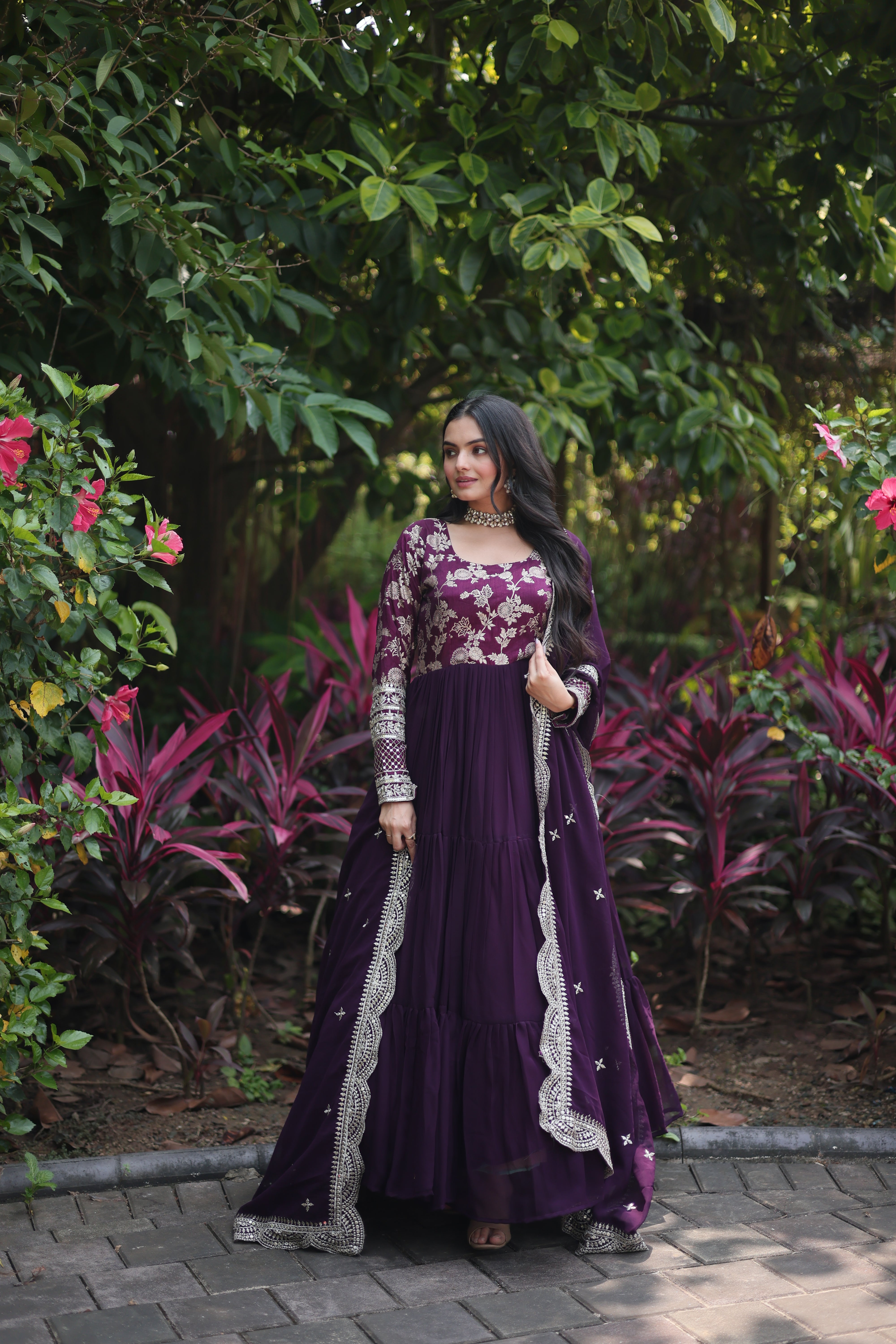 Wine Faux Blooming Embroidered Cut-Work Gown With Dupatta Set