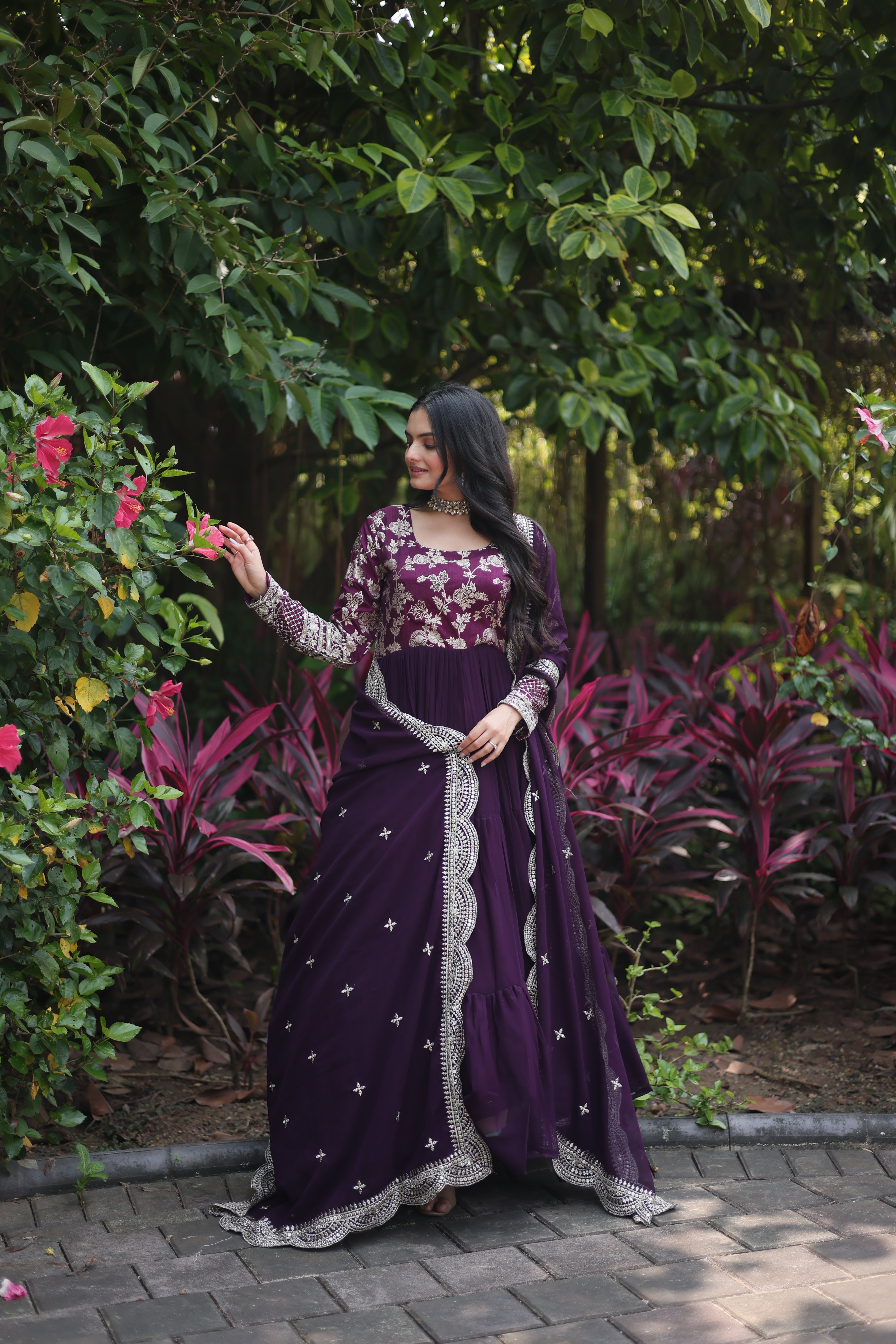 Wine Faux Blooming Embroidered Cut-Work Gown With Dupatta Set