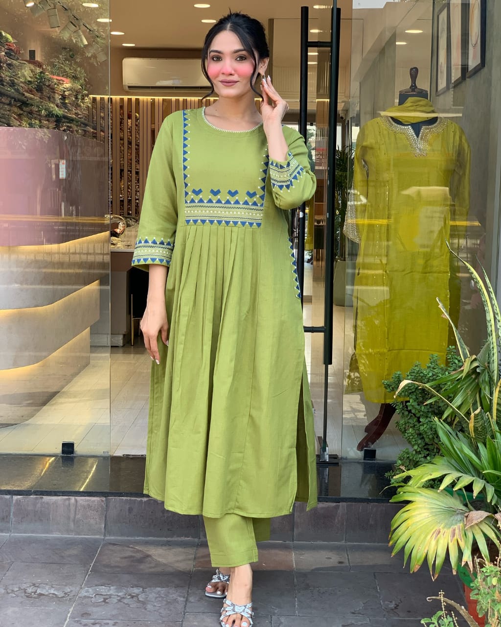 Designer pure cotton a line kurta pant set