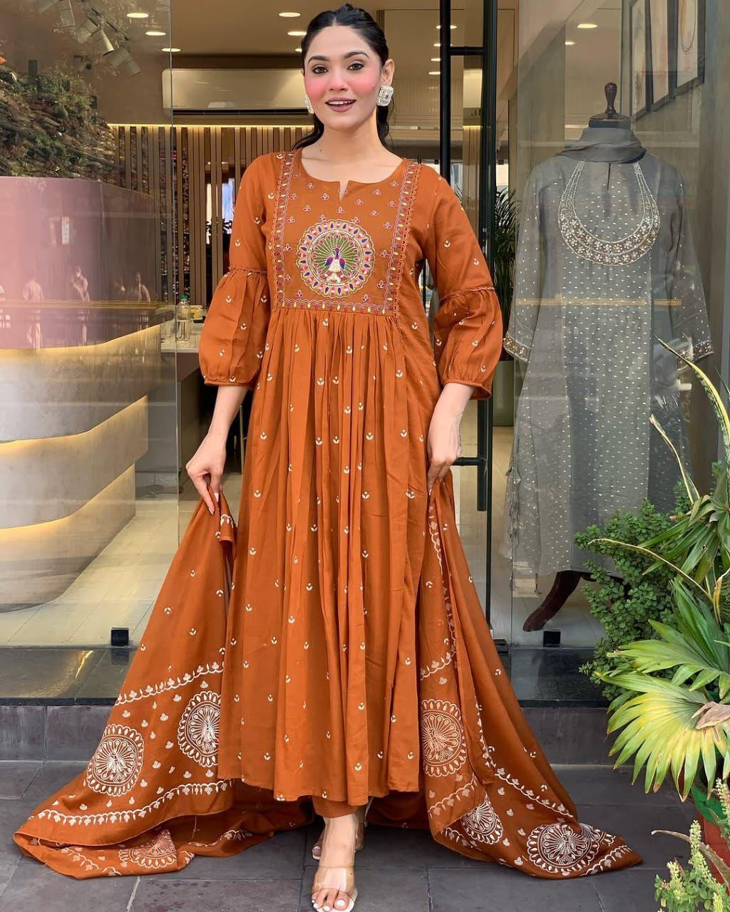 Cotton Anarkali Suit Set with Dupatta – Embroidered & Printed