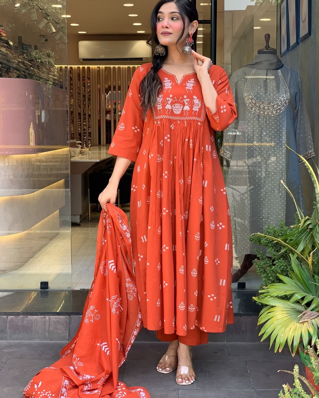 Orange Ethnic Anarkali Kurta Pant with Dupatta Set