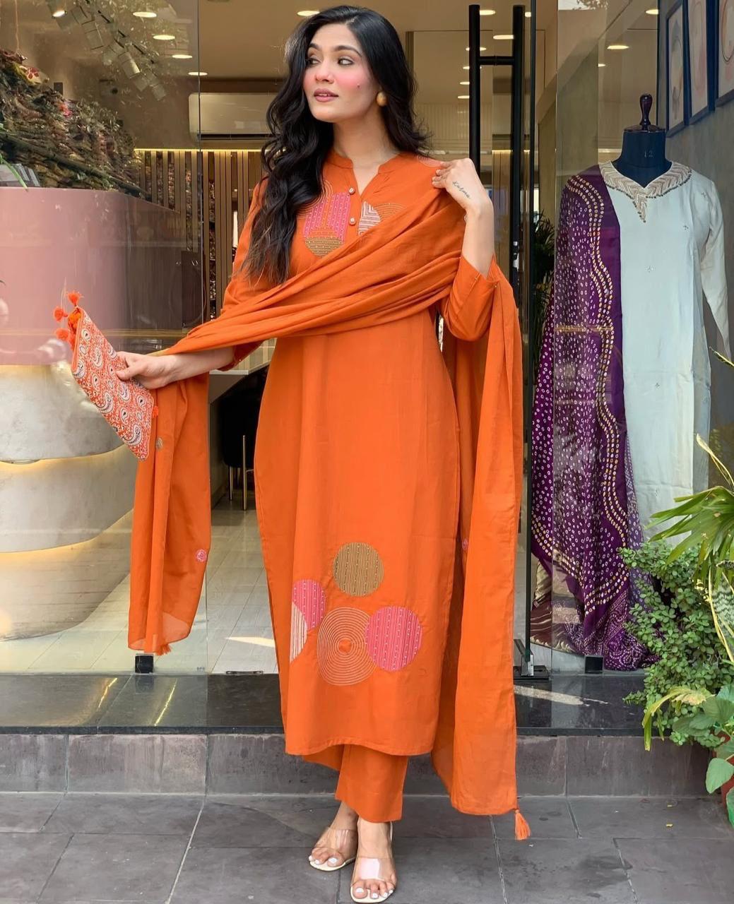 Women cotton hand embroidered kurta pant with dupatta set
