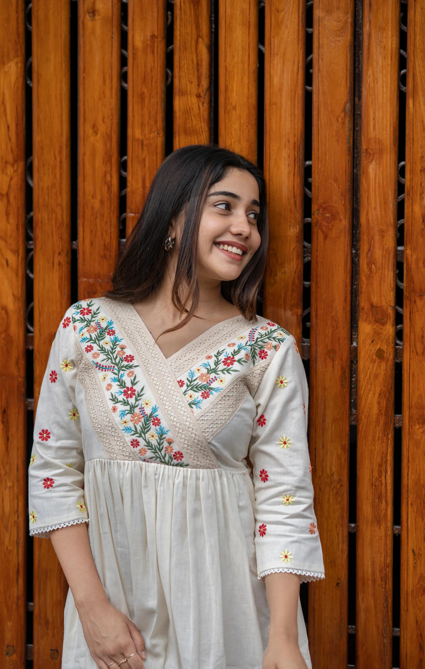 White Cotton gown full embroidered designer kurti