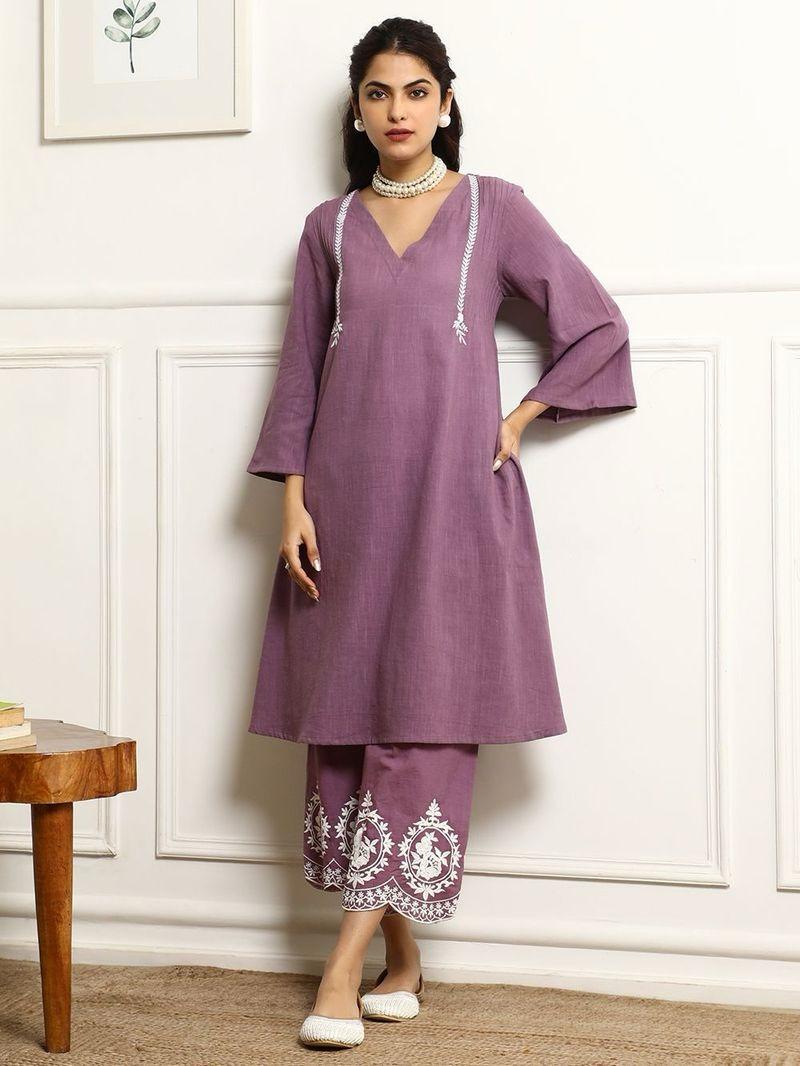 Purple Embroidered Kurti Set with Dupatta