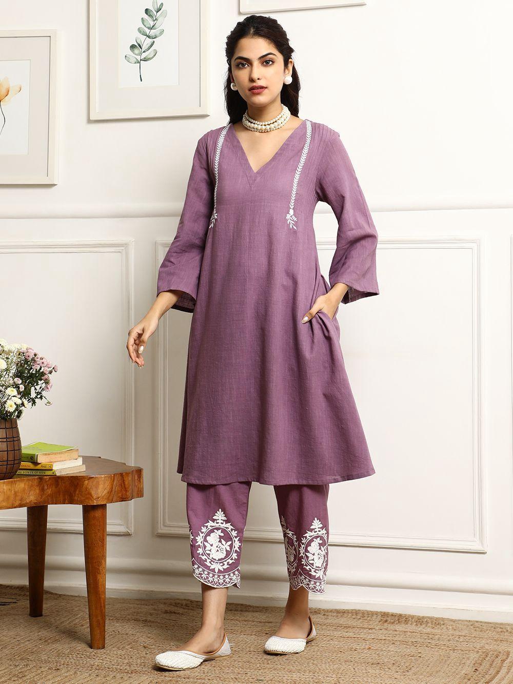 Purple Embroidered Kurti Set with Dupatta