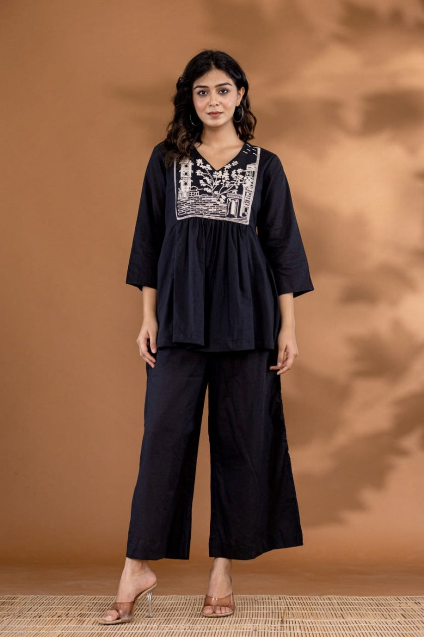 Reddish Orange Embroidered Cotton Slub Kurta and Pant Set