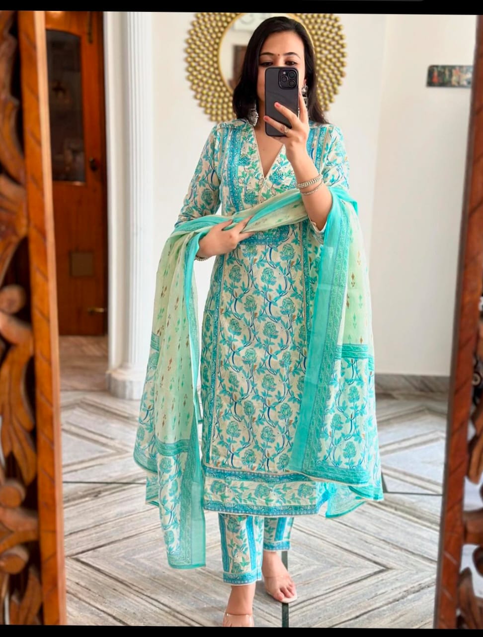 Women's Cotton Kurti with Floral Print,Anarkali 3pc set