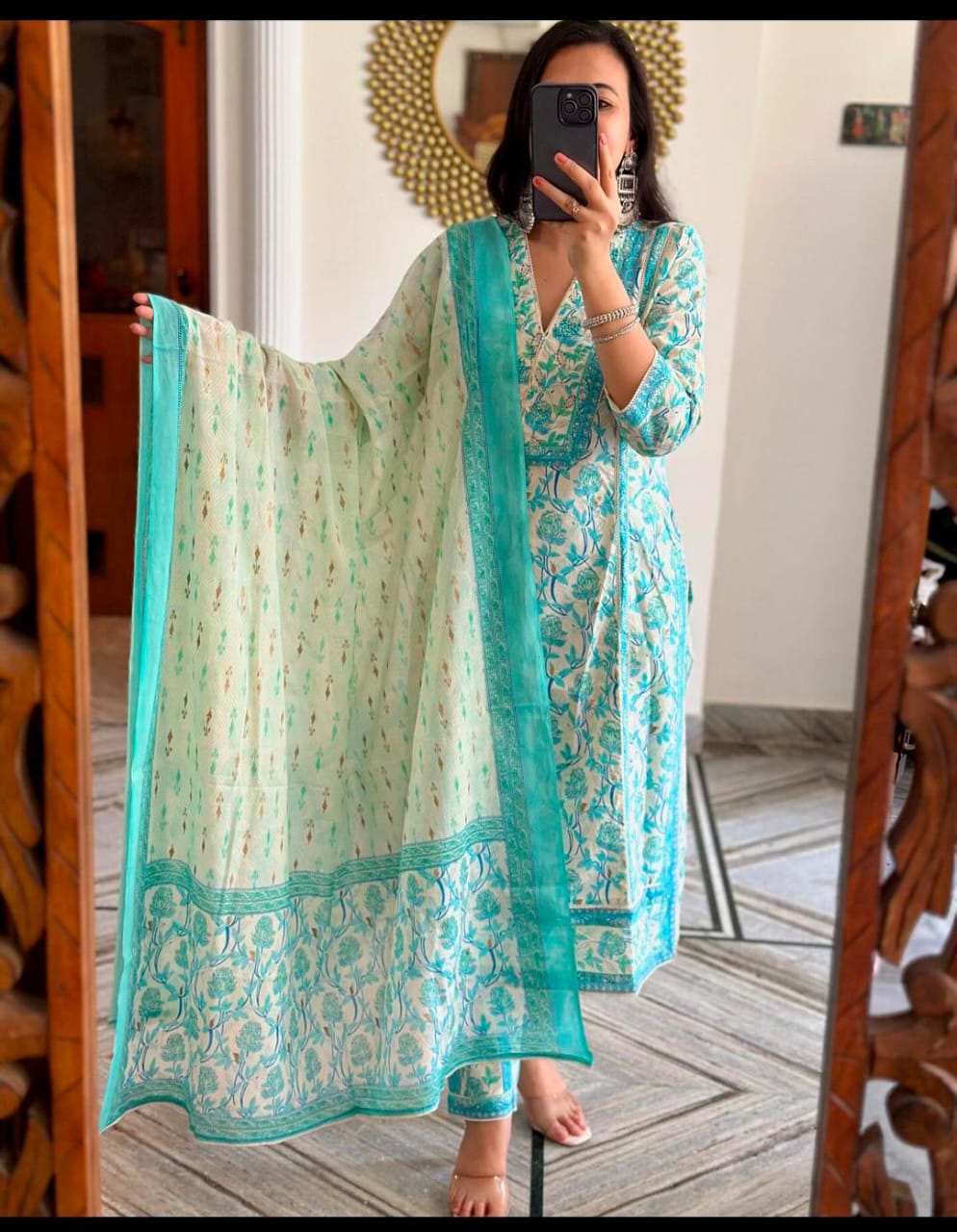 Women's Cotton Kurti with Floral Print,Anarkali 3pc set