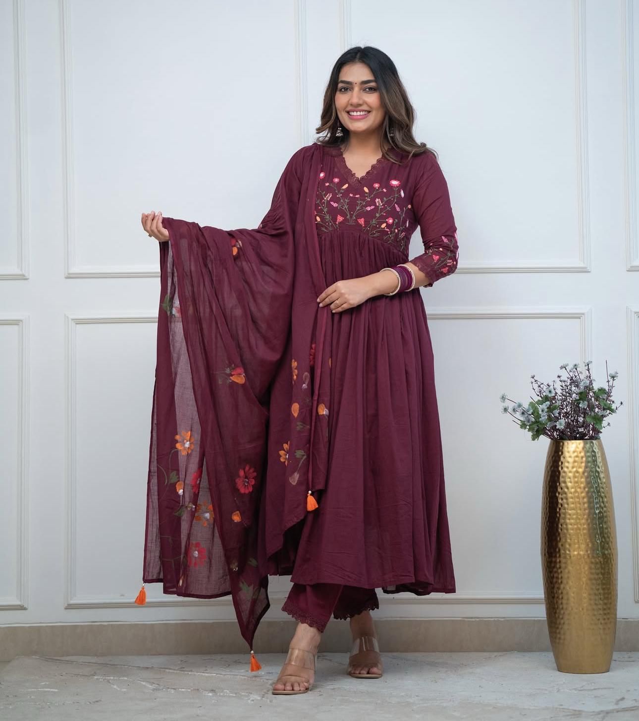 Cotton embroidered kurta pant with dupatta sets