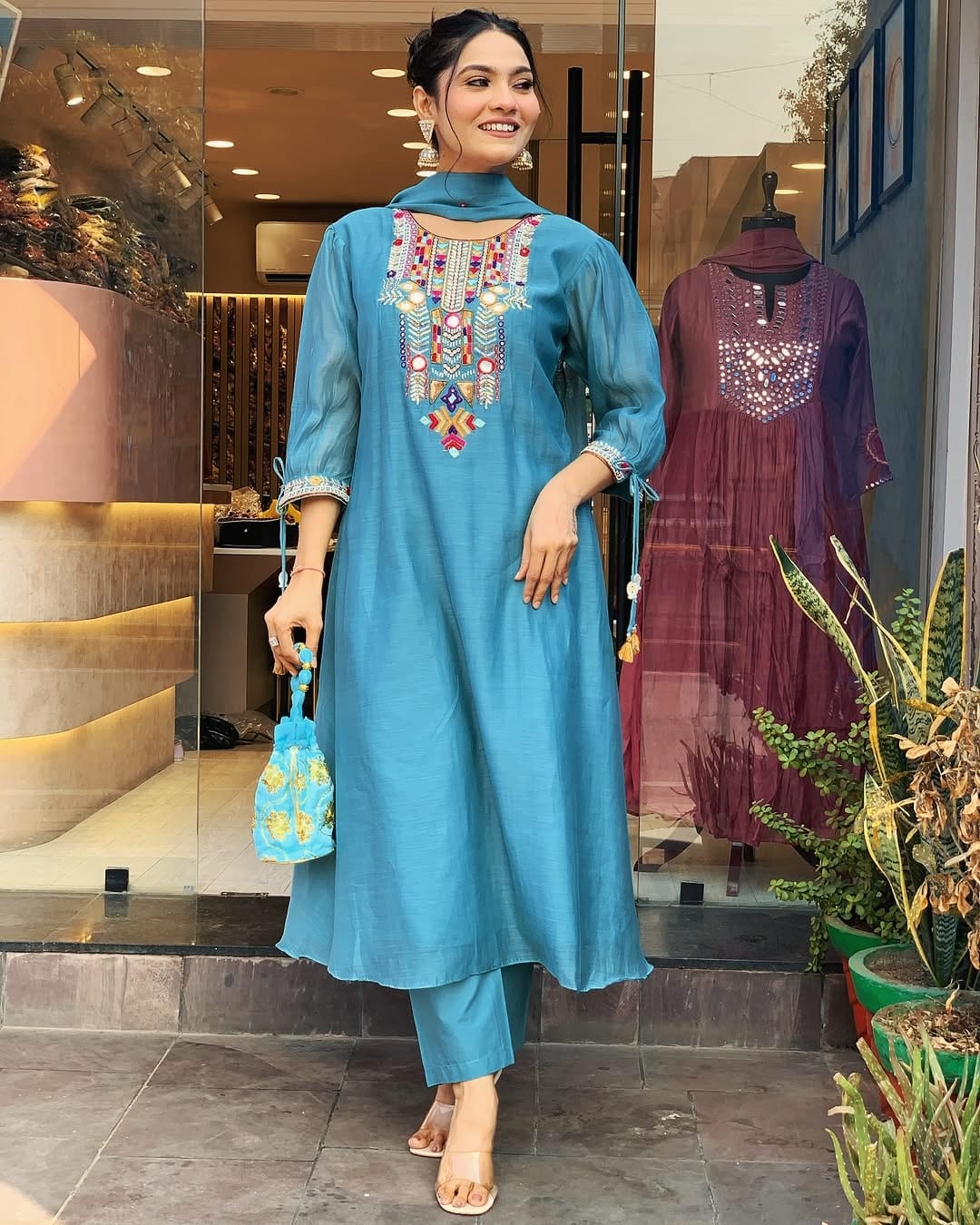 Embroidered Chanderi Suit Set with Dupatta
