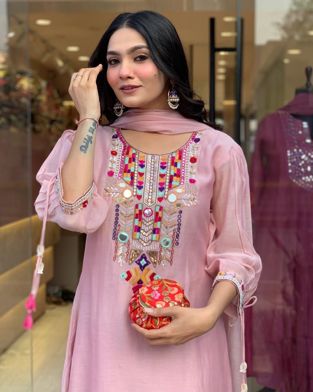 Embroidered Chanderi Suit Set with Dupatta