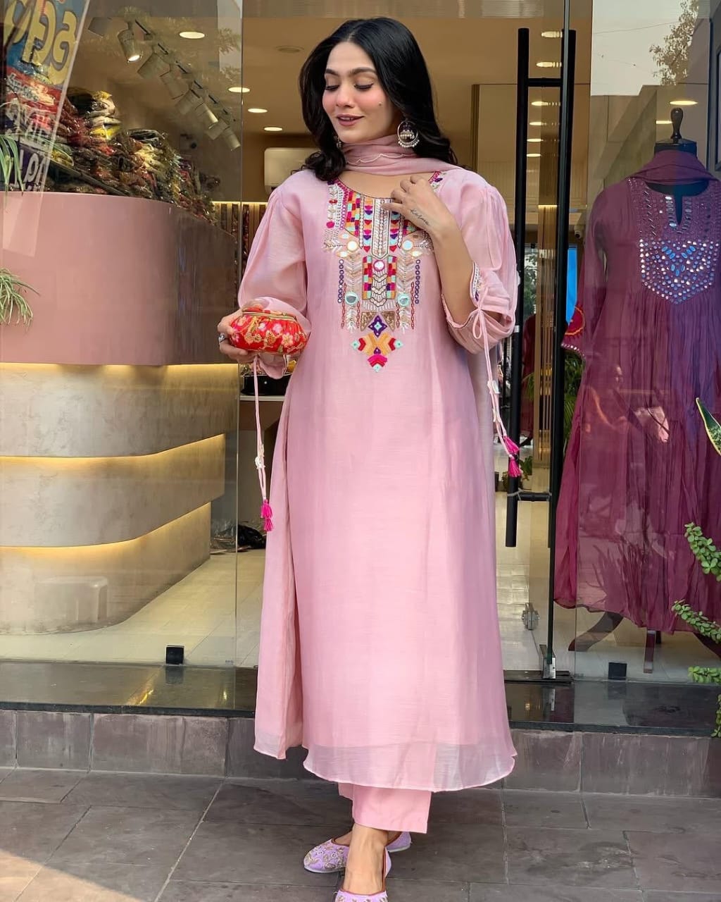 Embroidered Chanderi Suit Set with Dupatta