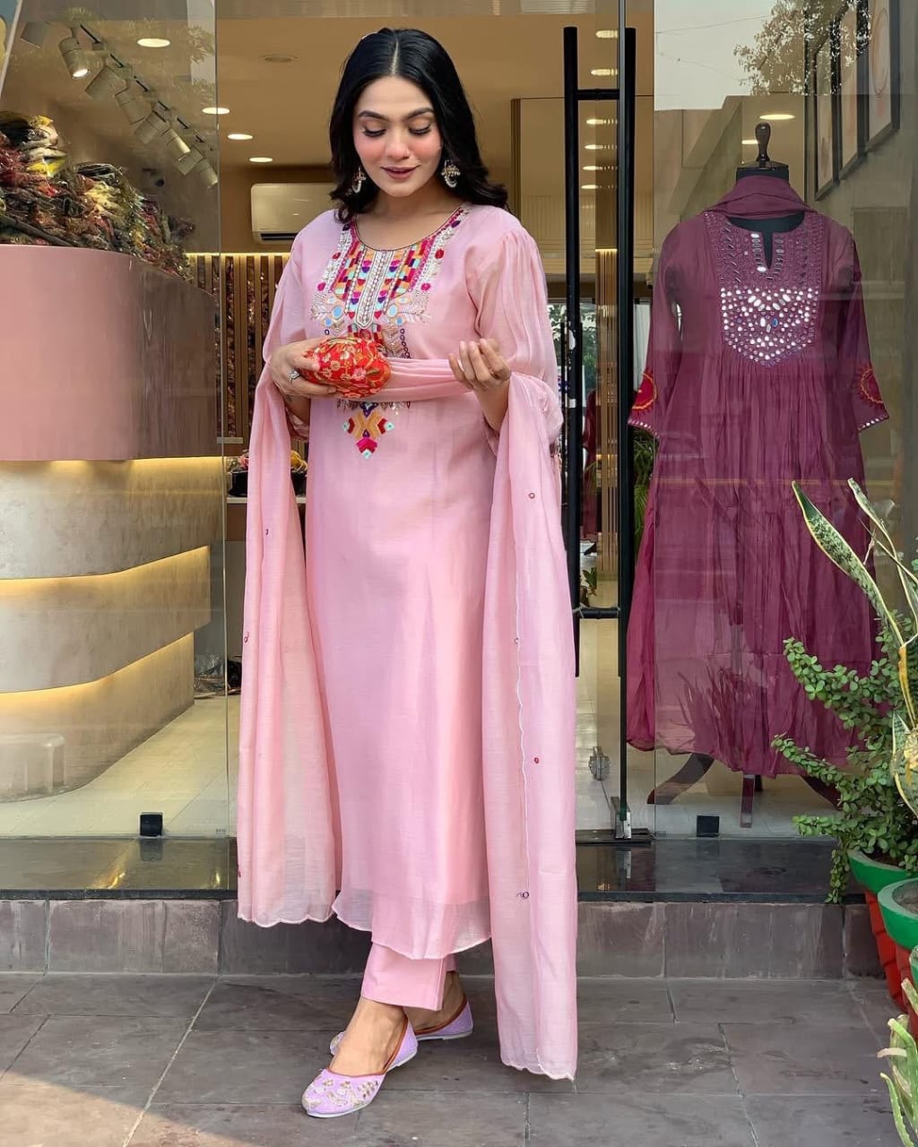 Embroidered Chanderi Suit Set with Dupatta