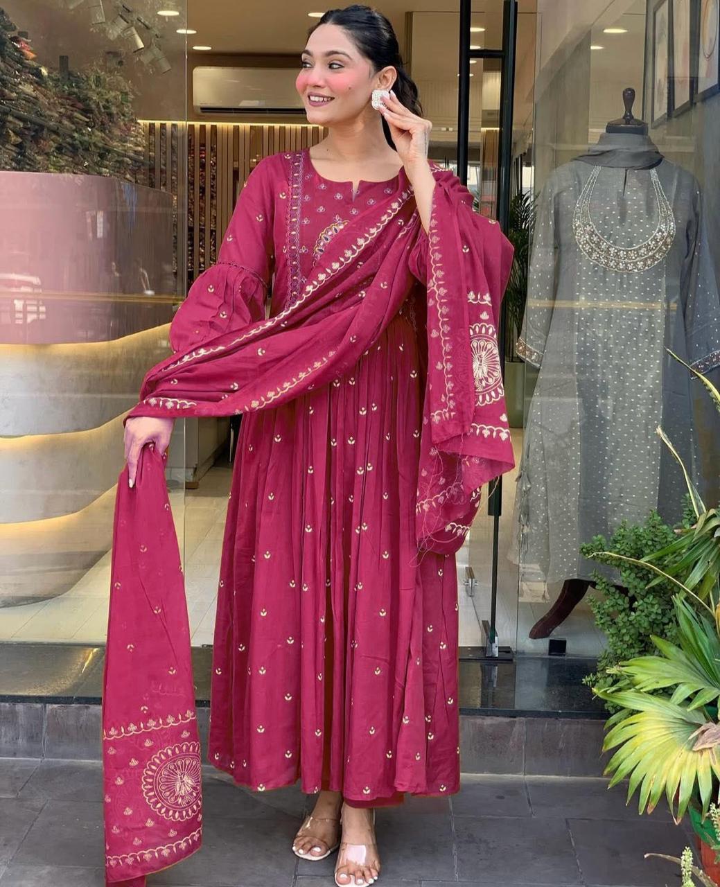 Cotton Anarkali Suit Set with Dupatta – Embroidered & Printed