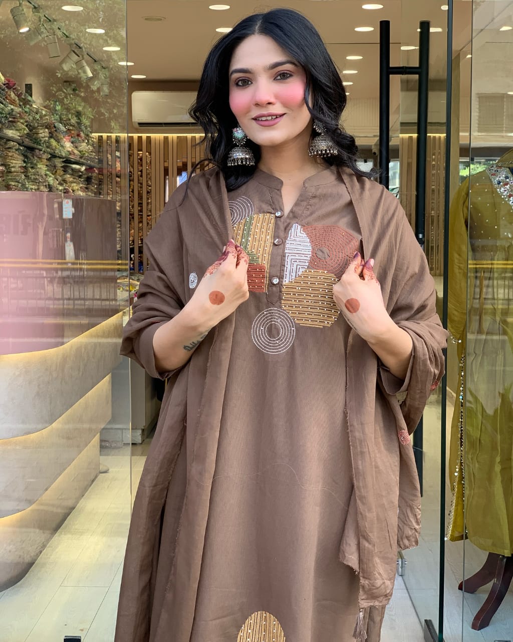 Women cotton hand embroidered kurta pant with dupatta set