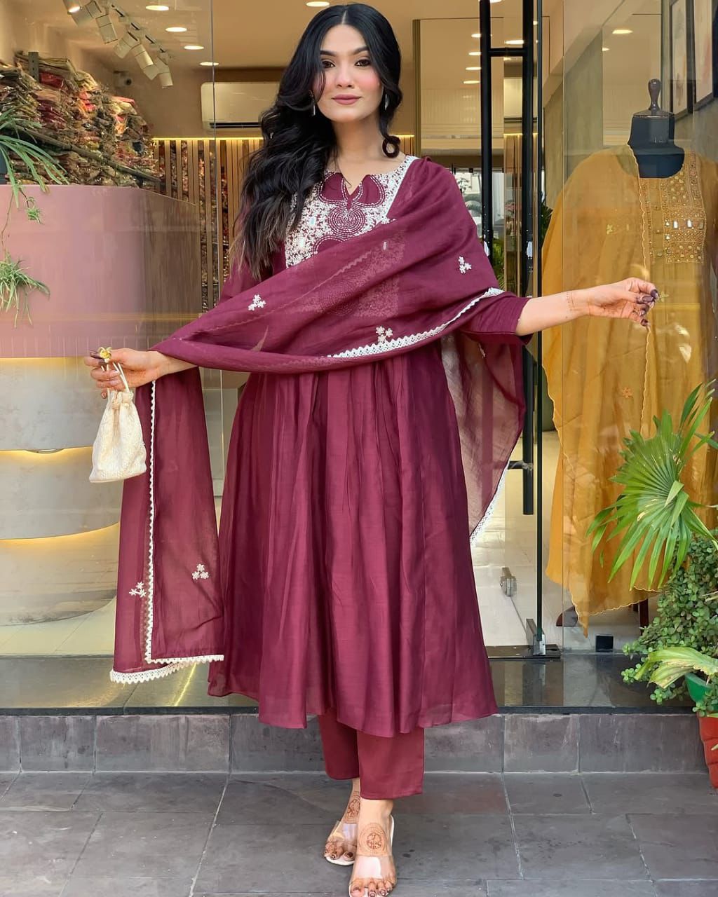Cotton anarkali kurta set with embroidery and printed mulmul dupatta