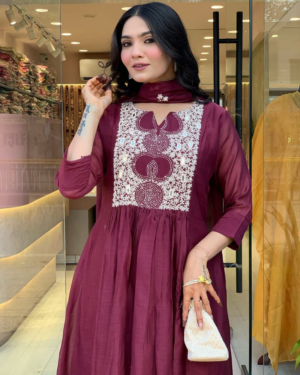 Cotton anarkali kurta set with embroidery and printed mulmul dupatta