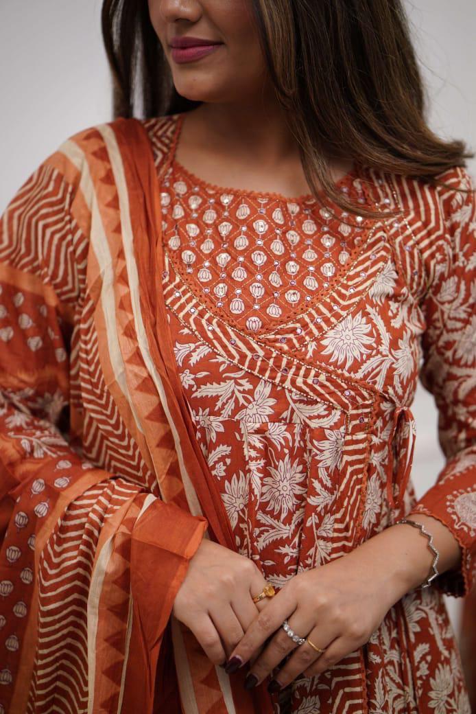 Women Floral Printed Cotton Kurta with pant and mulmul Dupatta set