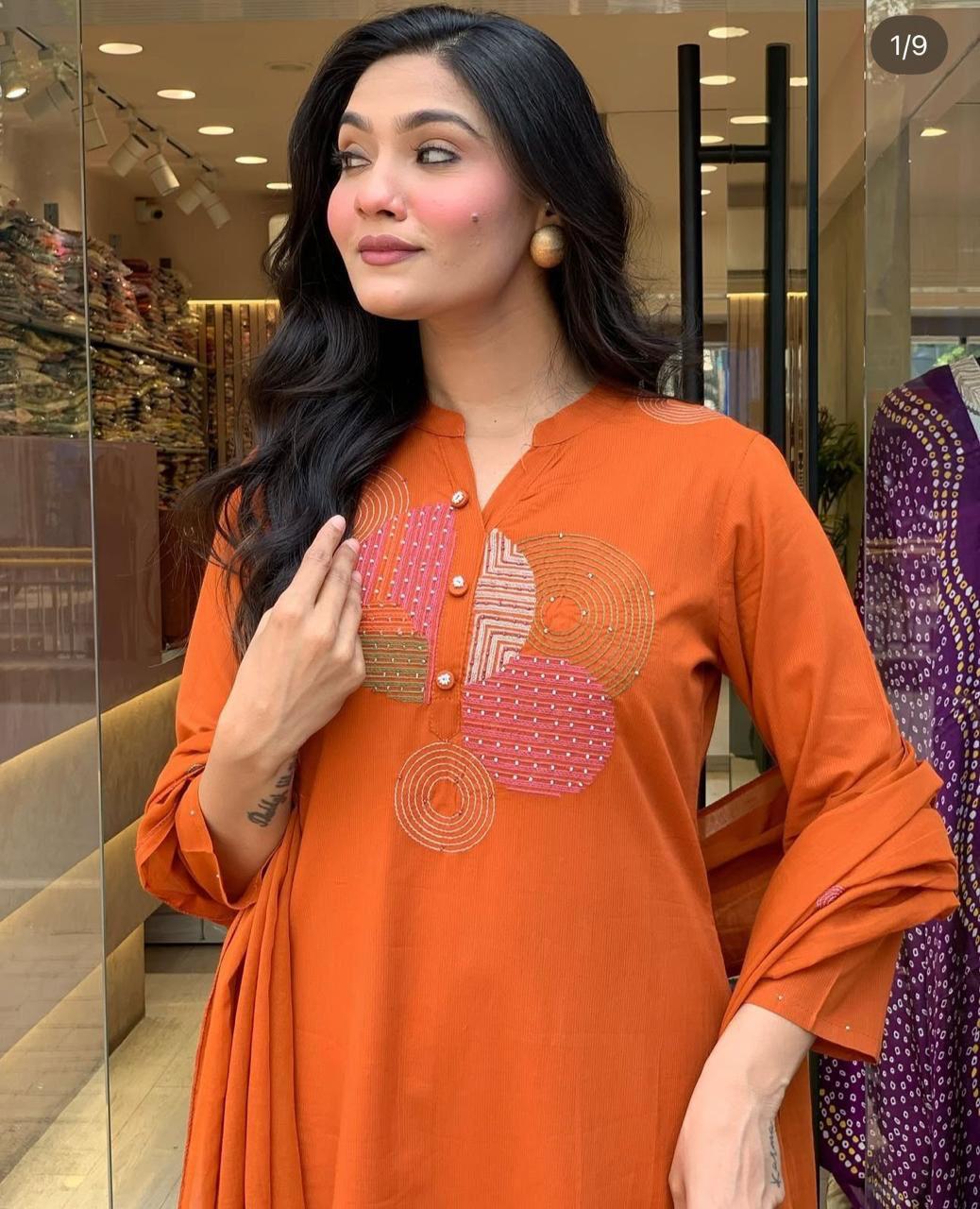 Women cotton hand embroidered kurta pant with dupatta set