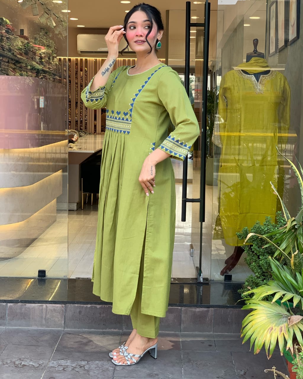 Designer pure cotton a line kurta pant set