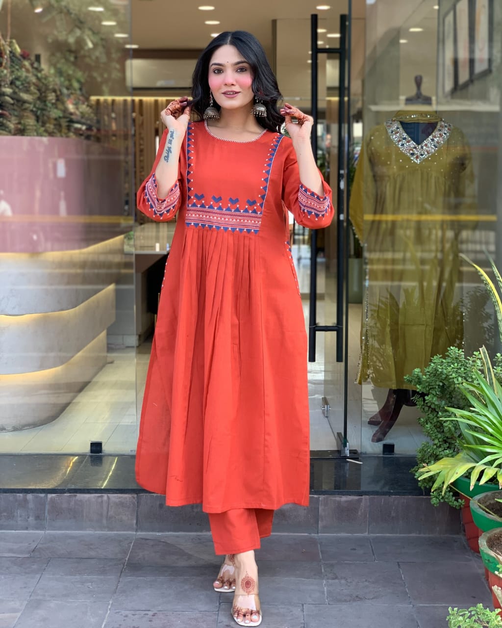 Designer pure cotton a line kurta pant set