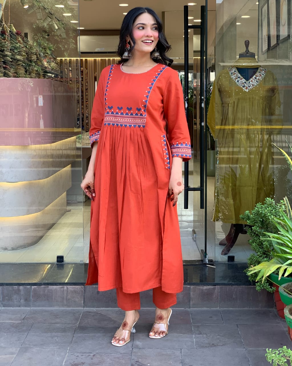 Designer pure cotton a line kurta pant set