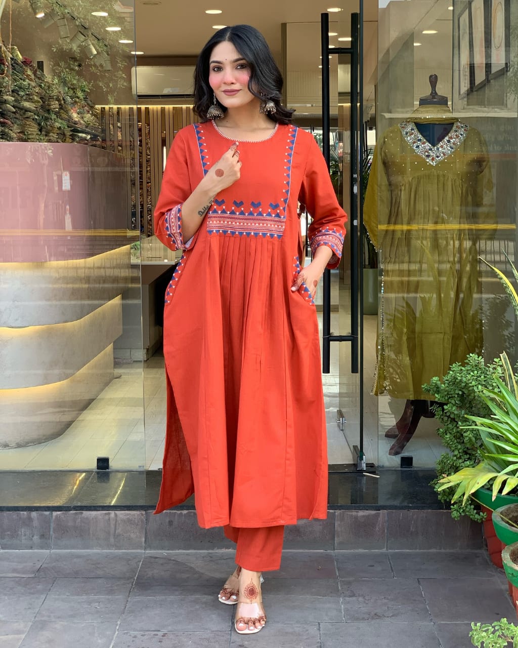 Designer pure cotton a line kurta pant set