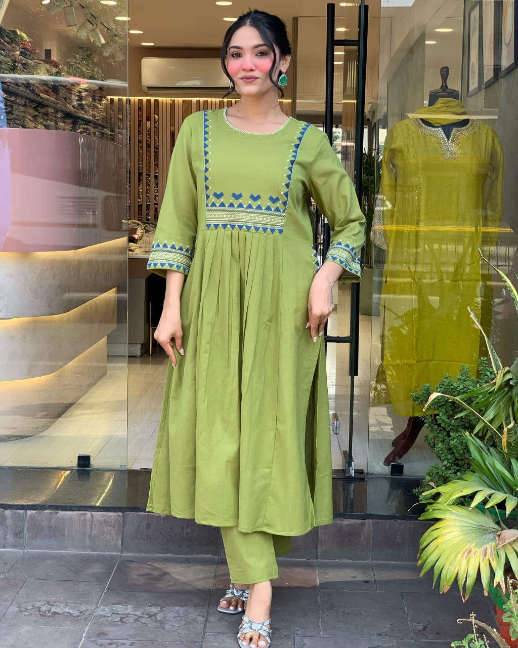 Designer pure cotton a line kurta pant set