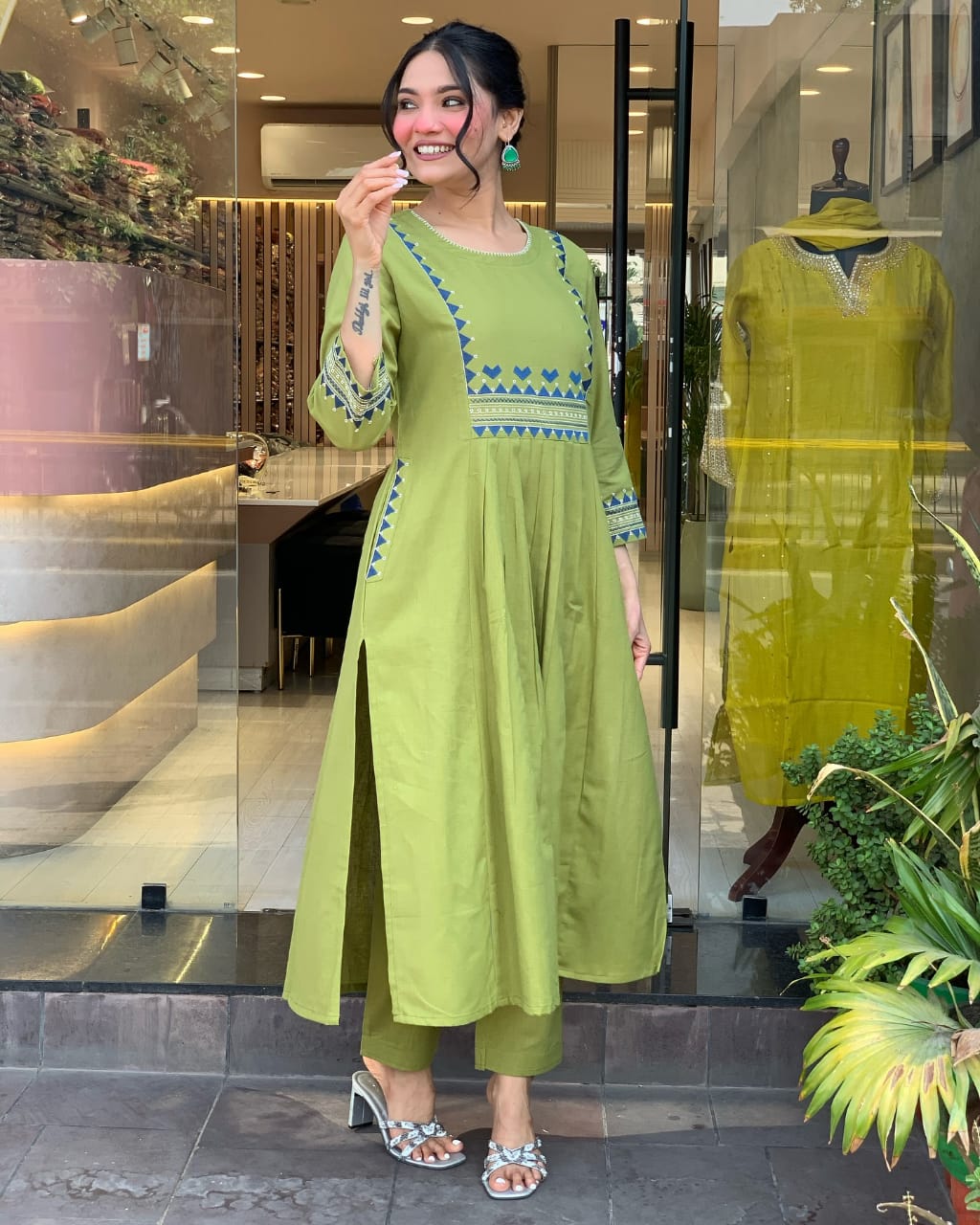 Designer pure cotton a line kurta pant set