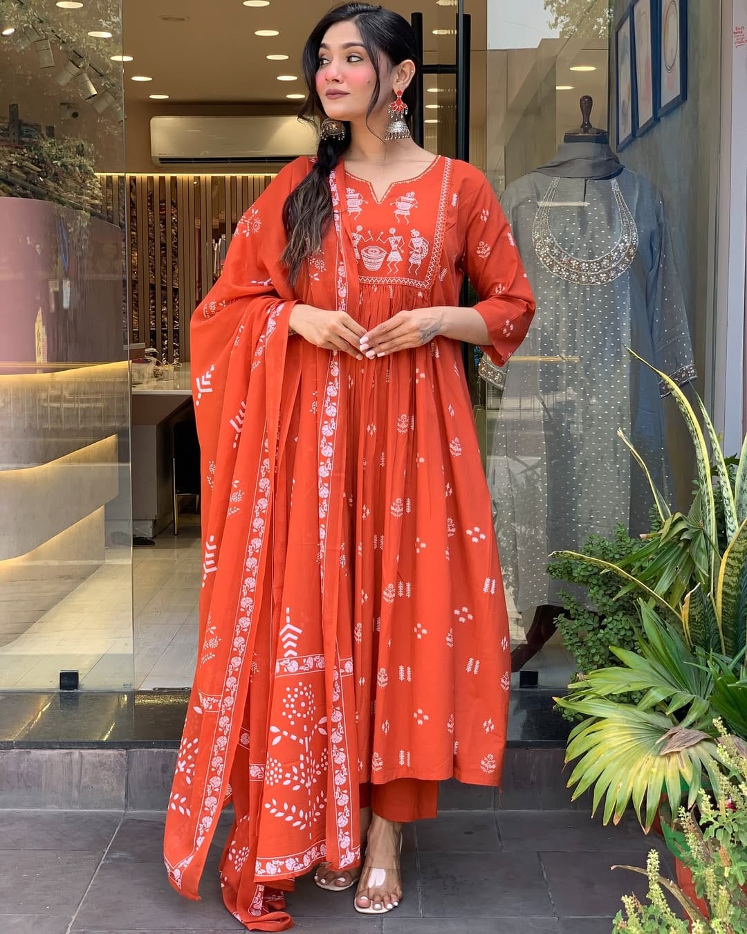 Orange Ethnic Anarkali Kurta Pant with Dupatta Set