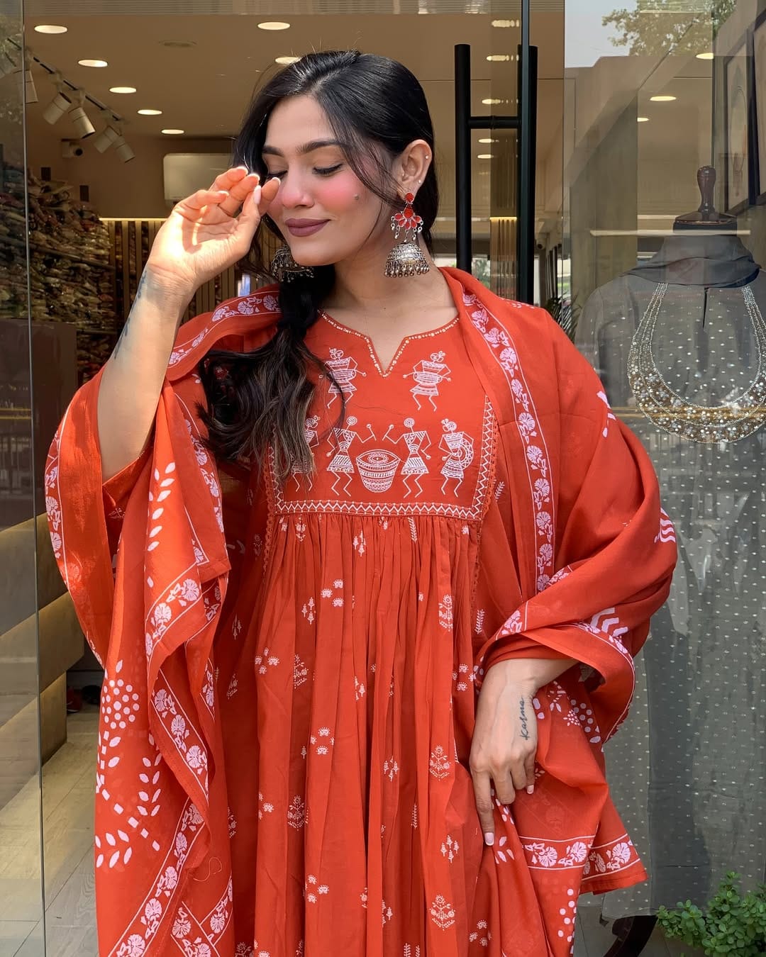 Orange Ethnic Anarkali Kurta Pant with Dupatta Set