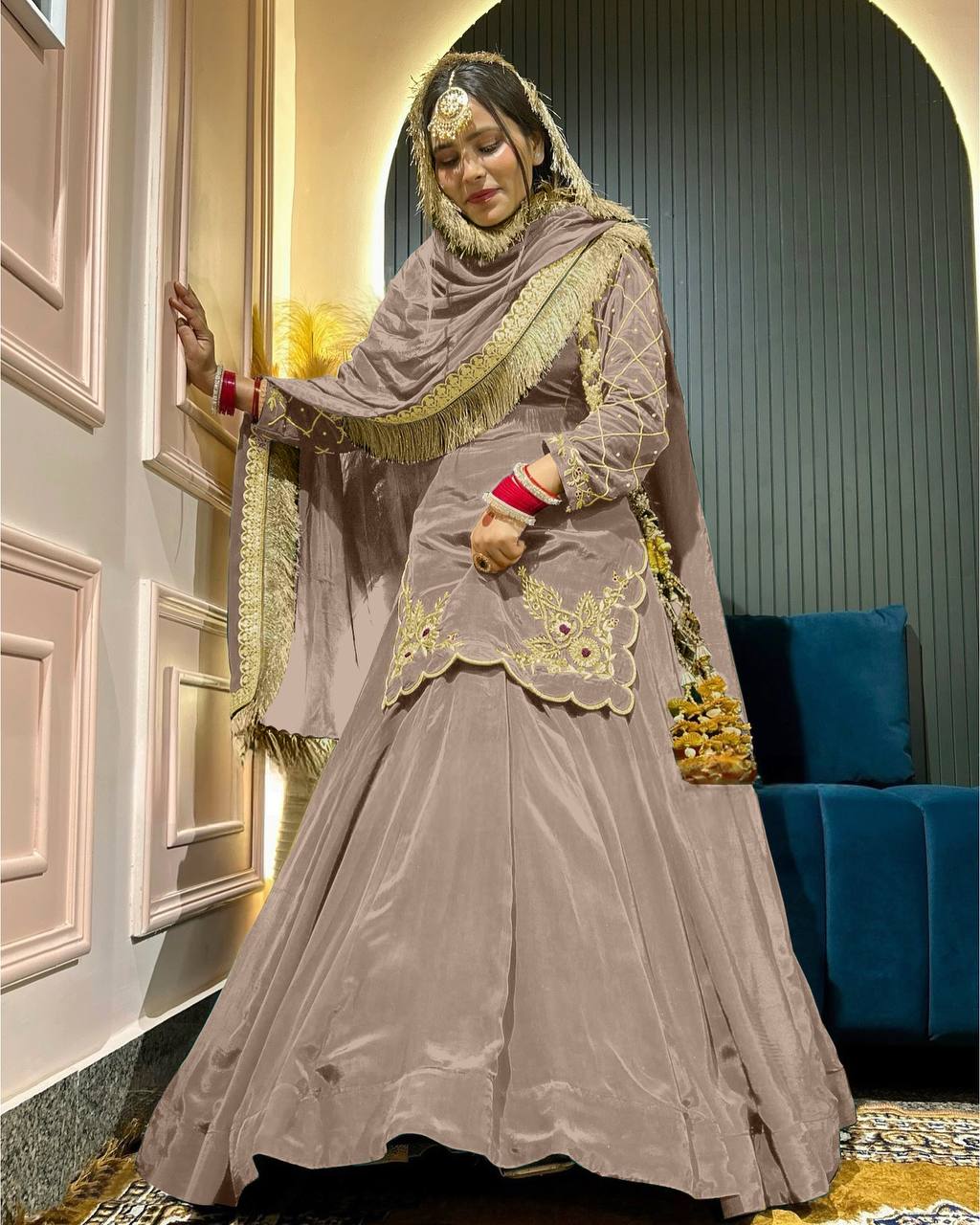 Natural Crep Silk Kurta Lehenga with Dupatta Set