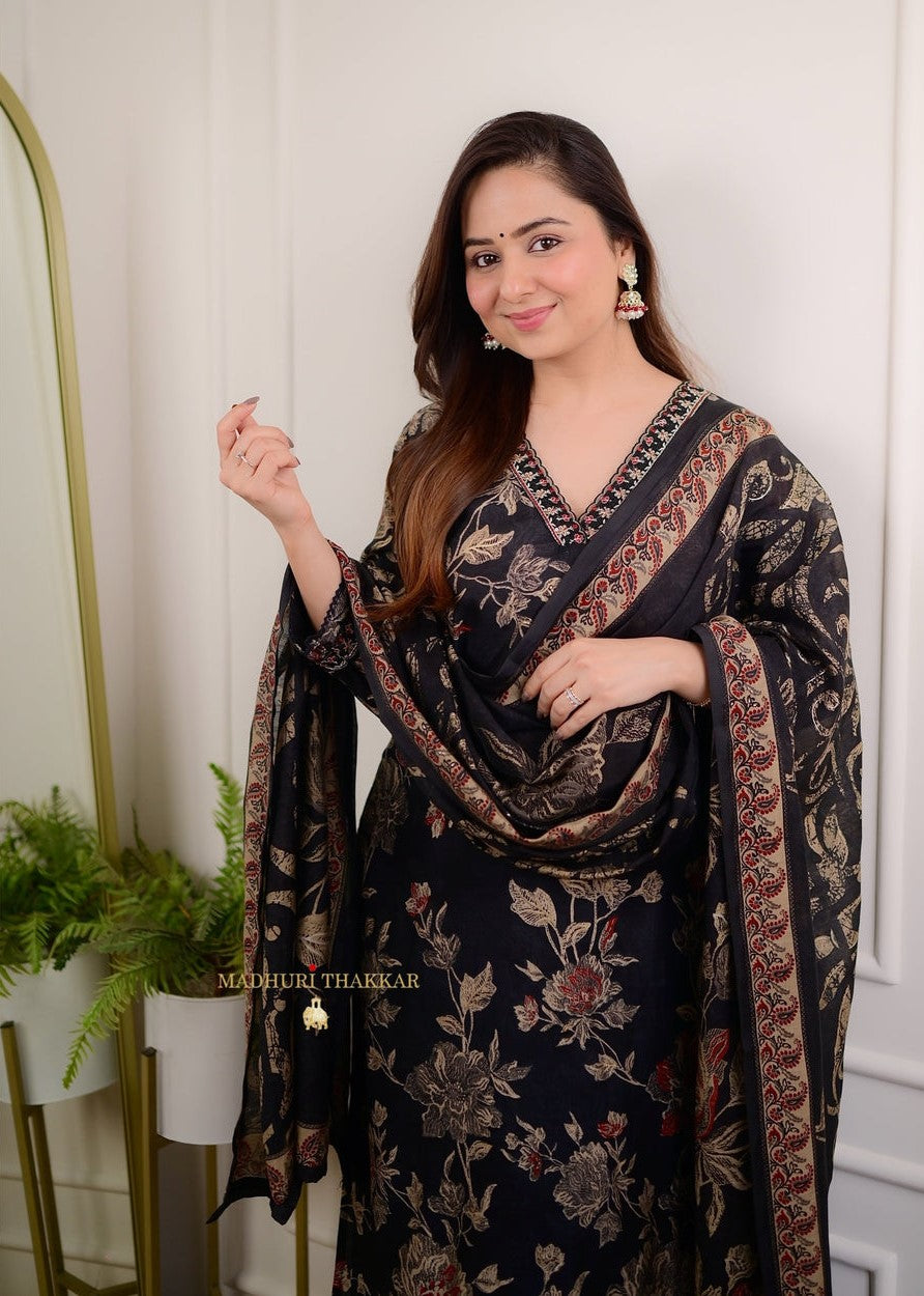 Trendy Embroidered Floral Print Women & Girls A-Line Kurta With Patiala and Dupatta