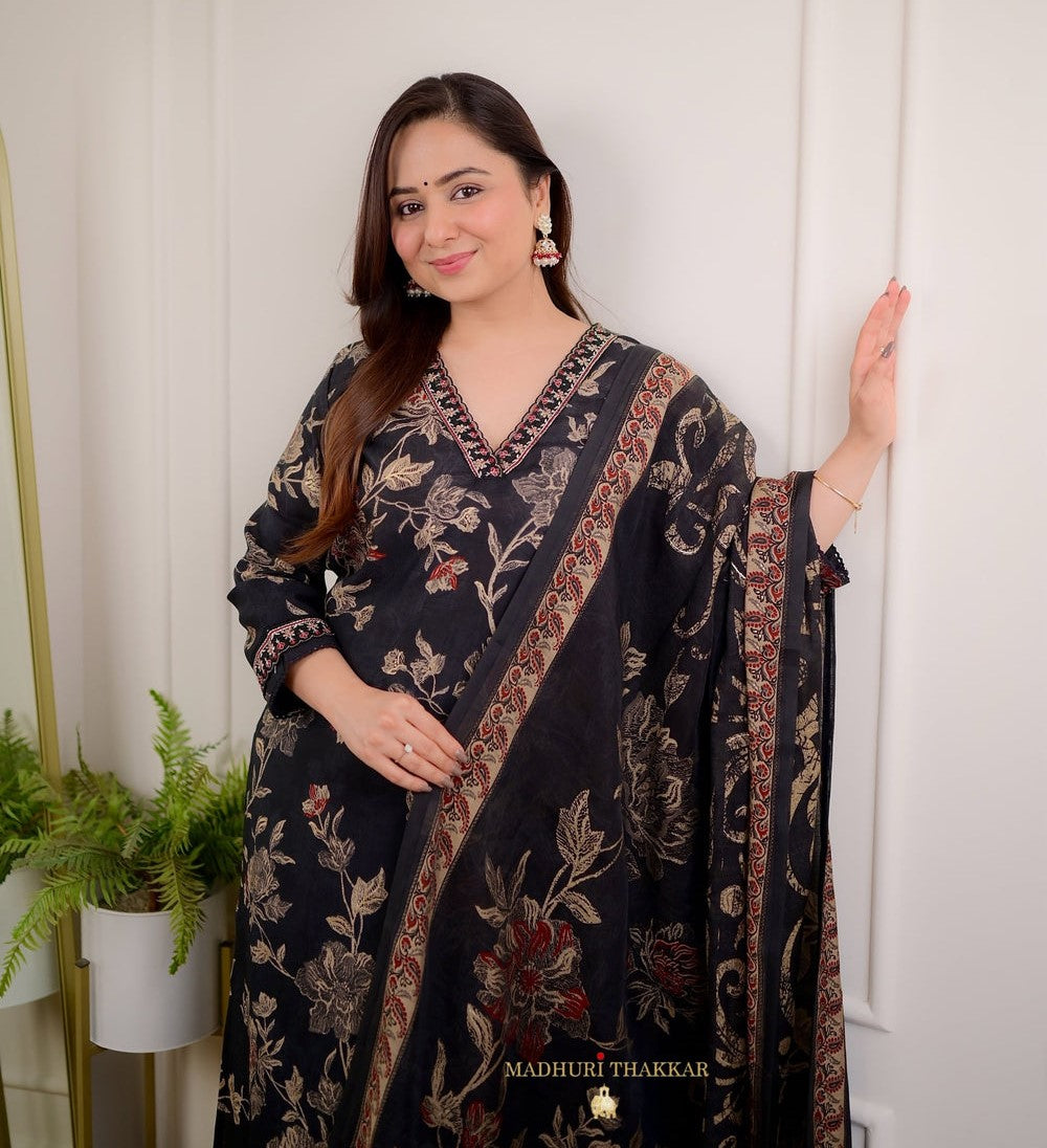 Trendy Embroidered Floral Print Women & Girls A-Line Kurta With Patiala and Dupatta