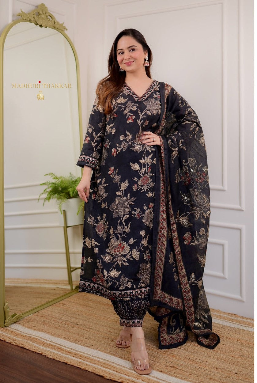 Trendy Embroidered Floral Print Women & Girls A-Line Kurta With Patiala and Dupatta