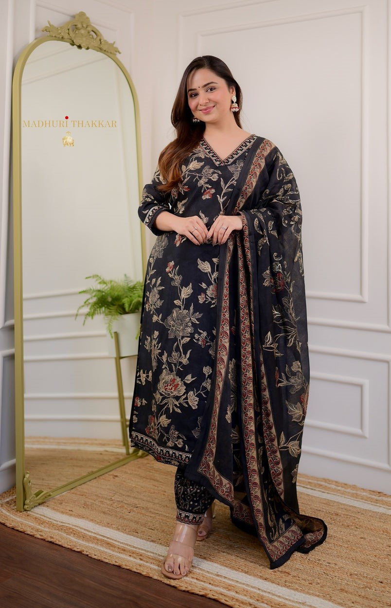 Trendy Embroidered Floral Print Women & Girls A-Line Kurta With Patiala and Dupatta