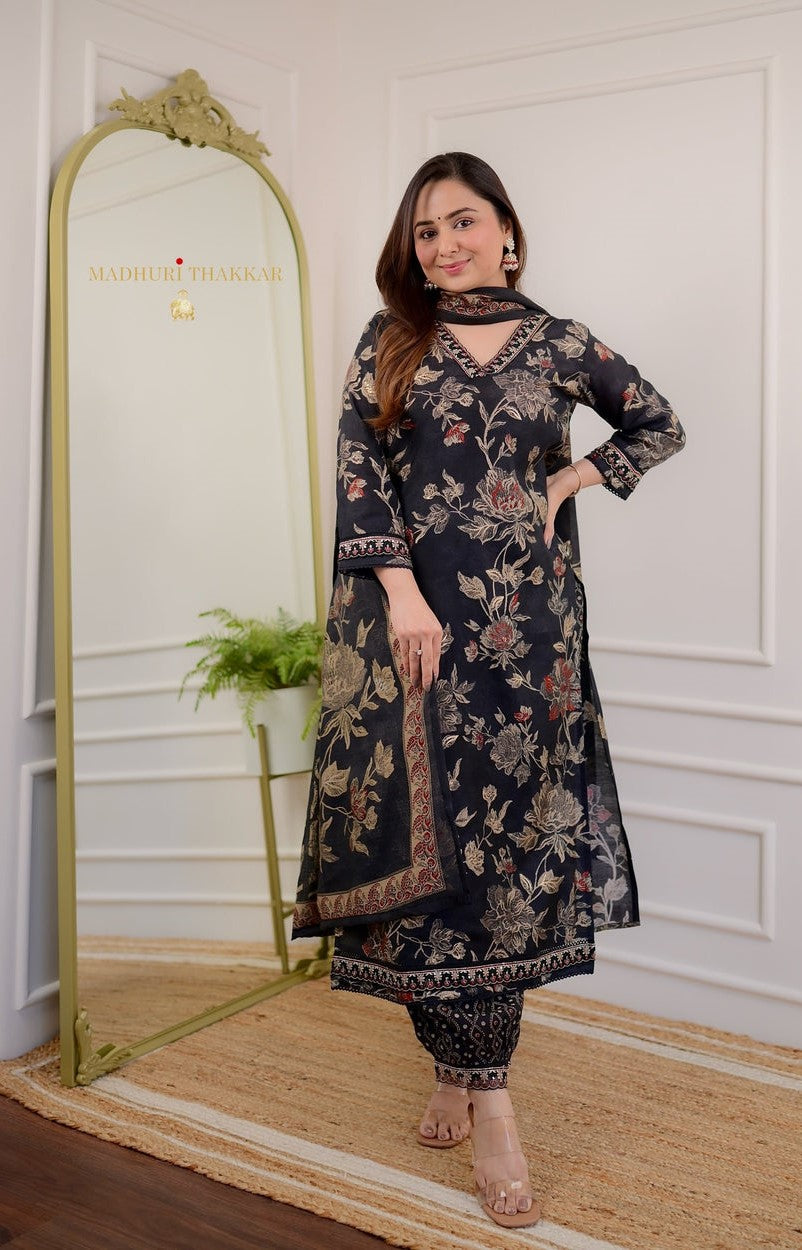Trendy Embroidered Floral Print Women & Girls A-Line Kurta With Patiala and Dupatta