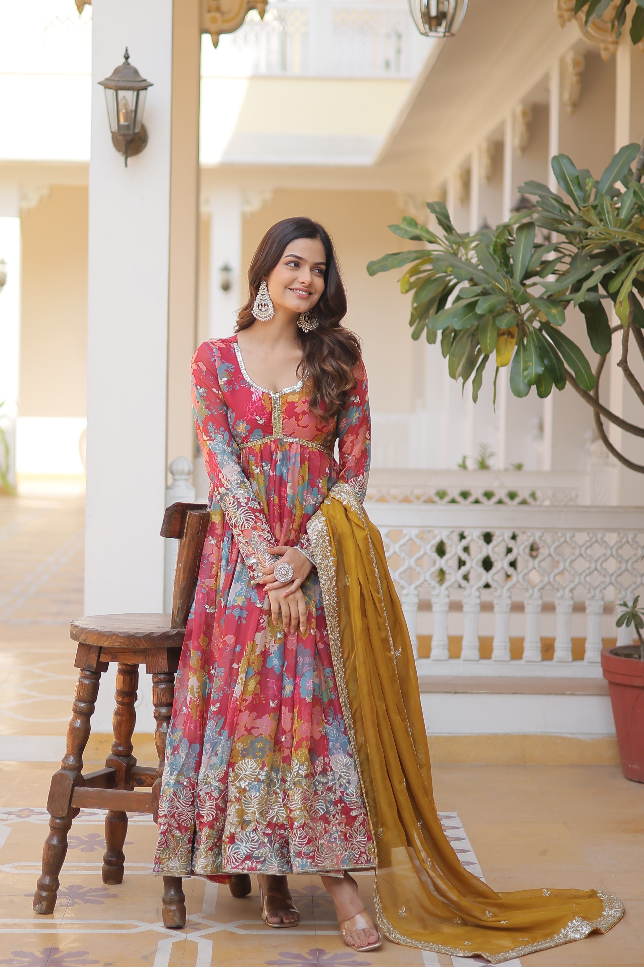 Premium Readymade Red Alia Cut Gown With Dupatta Set